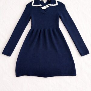 Navy Knit Long Sleeve Dress with White Collar – New With Tags